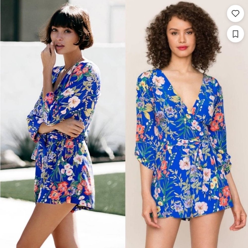 Yumi Kim Liz Floral Printed 3/4 Sleeve Surplice V-Neck Silk Short Romper Blue S